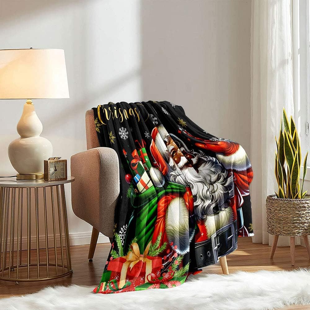 African American Black Santa Claus Throw Blanket, Christmas Snowflake Xmas Gifts Winter Holiday, Soft Plush Flannel Fleece for