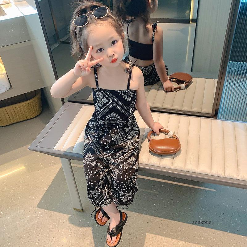 3-6 Years Summer Suit Thin Girls Suit Suspender Mosquito-proof Pants Two Pieces of Cute Girl Children's Clothes
