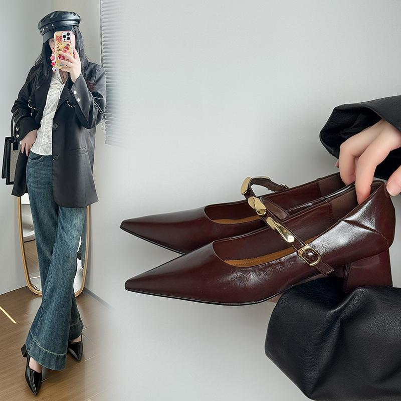 Fashion Korean Block Heel Mary Jane Retro Single Shoes Women's 2025 New Autumn Pointed Toe Shallow Mouth Vintage Strap High Heels