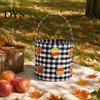 Autumn Theme Decor Halloween Bucket, Trick or Treat Basket for Kids Boys Girls, Plaid Pumpkin Party Gift Holders Bat Ghost Candy Tote Bag with Handle