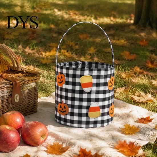 Autumn Theme Decor Halloween Bucket, Trick or Treat Basket for Kids Boys Girls, Plaid Pumpkin Party Gift Holders Bat Ghost Candy Tote Bag with Handle
