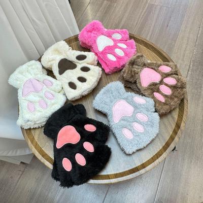 Women's Cute Cat & Bear Paw Fingerless Fleece Gloves
