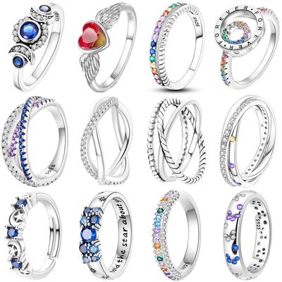 Anéis de Cobre Prata 925 Para Mulheres Original Lua Coração Osso da Sorte Noivado Casamento Ouro Rosa Anel de Cristal Zircônia de Luxo