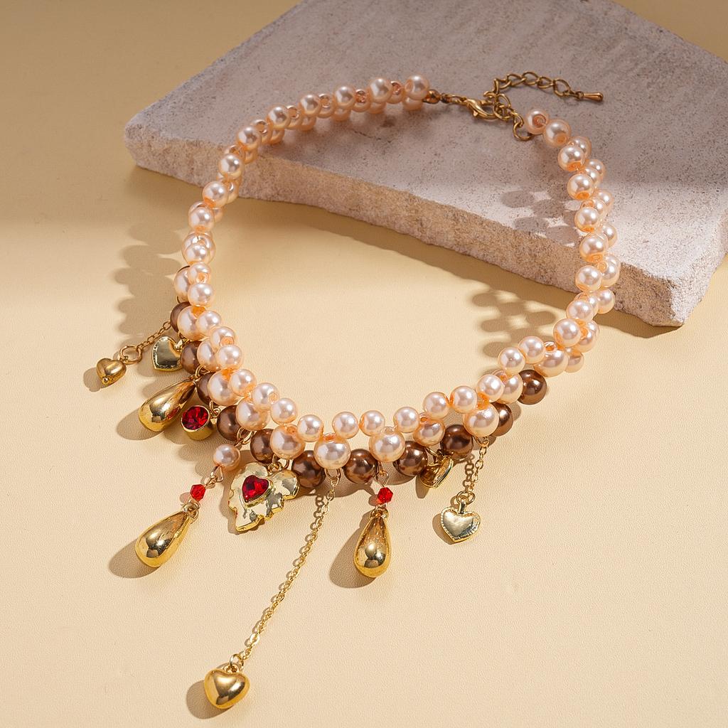 Diamond-set Imitation Pearl Beaded Love Water Drop Fringed Neck Chain Court Style Necklace