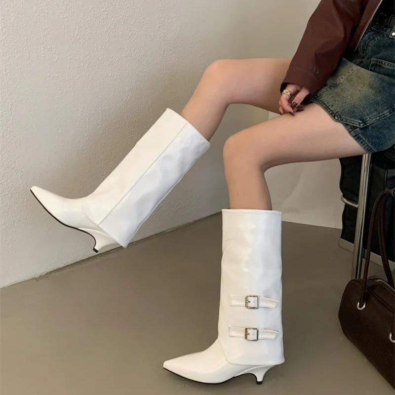 Mode Mode Damstövlar Temperament Spetsig Tå Läderstövlar Eleganta Ben Byxor Skaft Ankelstövletter Bältesspänne Knähöga Stövlar för Kvinnor