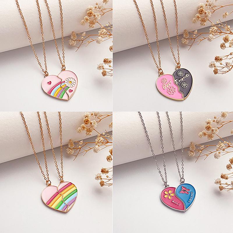 2Pcs Ins Style Heart Rainbow Stitching Necklace Fashion Pendant Alloy Clavicle Chain For Children Best Friend Jewelry Gifts