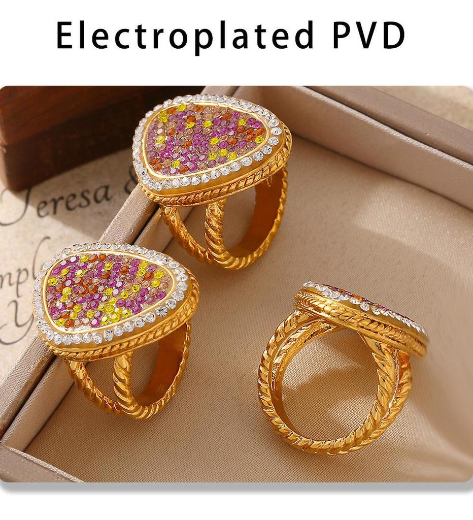 European-American Water Drop Braided Ring, Colored Diamond, 18k Gold PVD-Plated Titanium Steel Fashion Jewelry