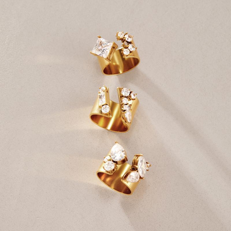 Geometric Zircon Open Rings For Women Gold Pvd Plated Stainless Steel Rings Jewelry Rhinestone Crystal Ring Shiny Zircon