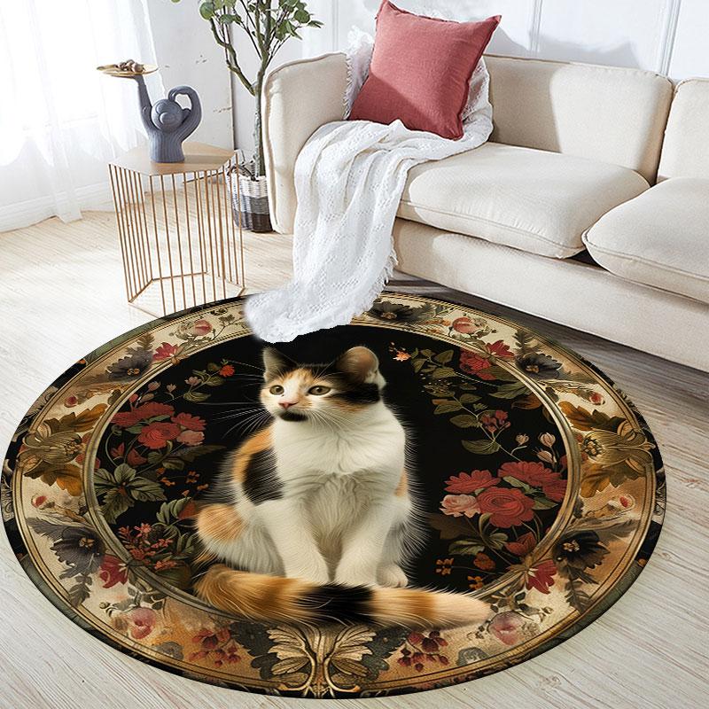 Cats & Vintage Flowers pattern round rug,Carpet Rug for Living Room Bedroom Playroom ,Non-slip Floor Mat,Holiday Gifts and Birthday Gifts.