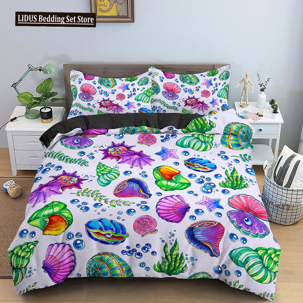 Комплект пододеяльника Ракушка Морская звезда Краб Морские животные Каваи Полиэстер Чехол для одеяла Для детей Мальчиков Девочек Постельное белье Комплект Кинг Полный размер