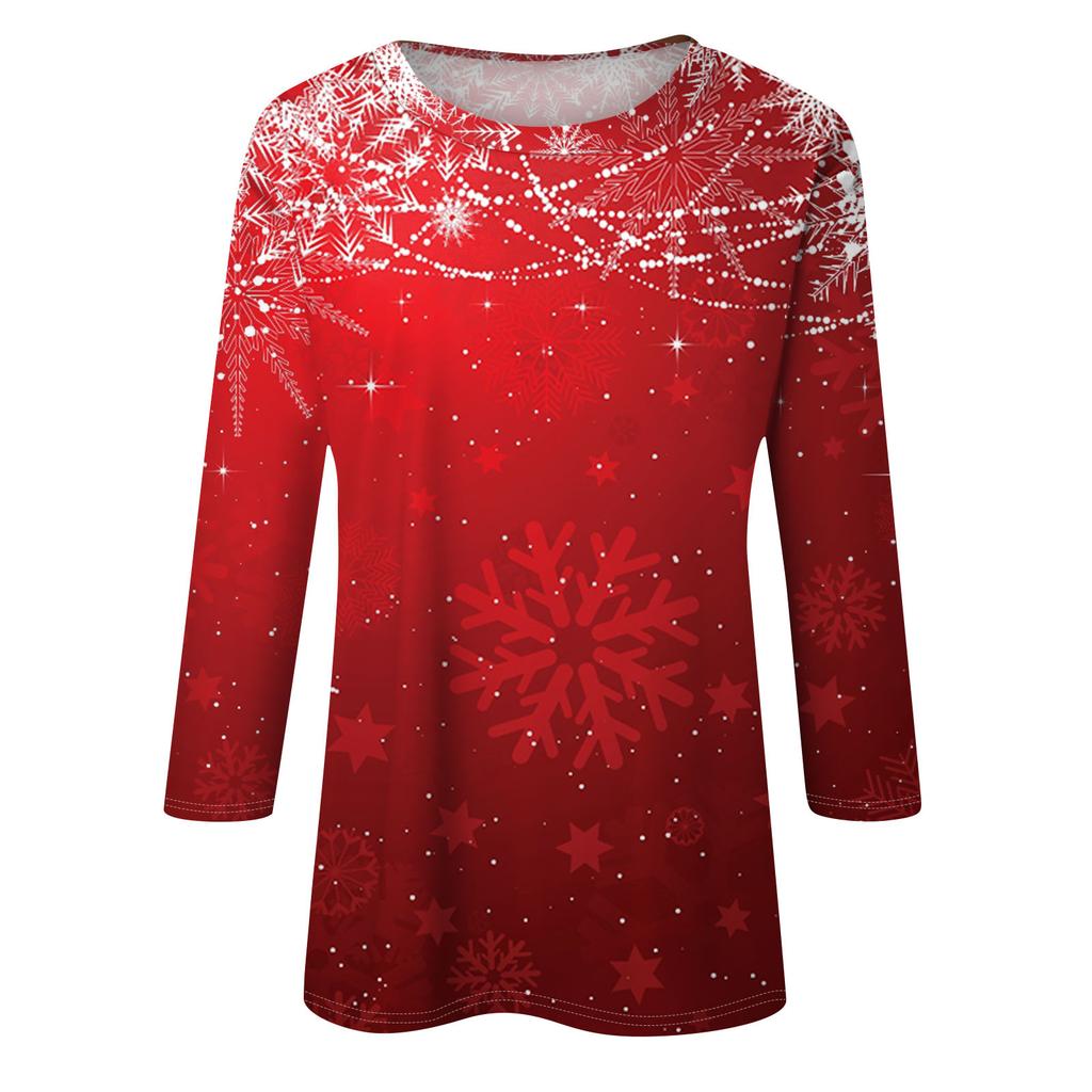Damemote Uformell syvermet juletrykt topp med rund hals