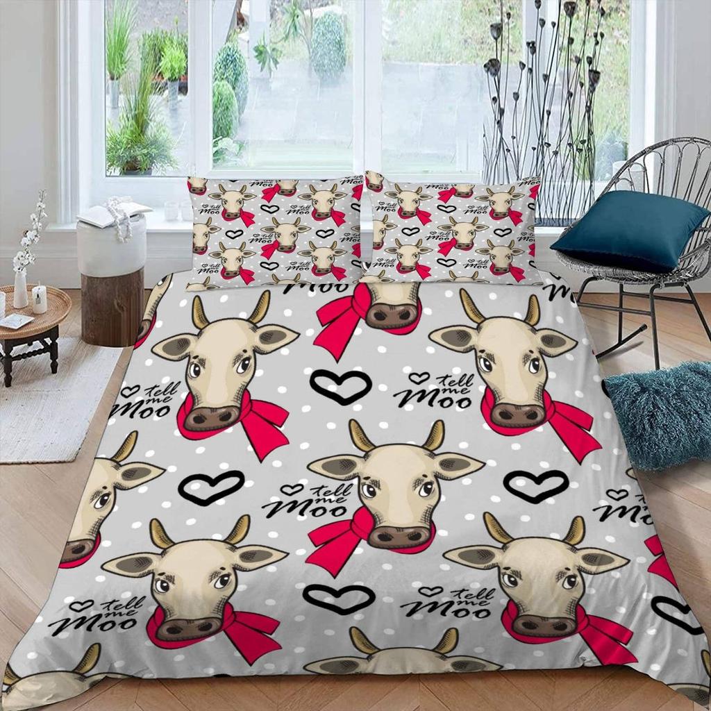 Cute Cows Duvet Cover Set Kawaii Farm Animal Bedding Set Microfiber Floral Comforter Cover Twin King For Kids Boys Girls Decor
