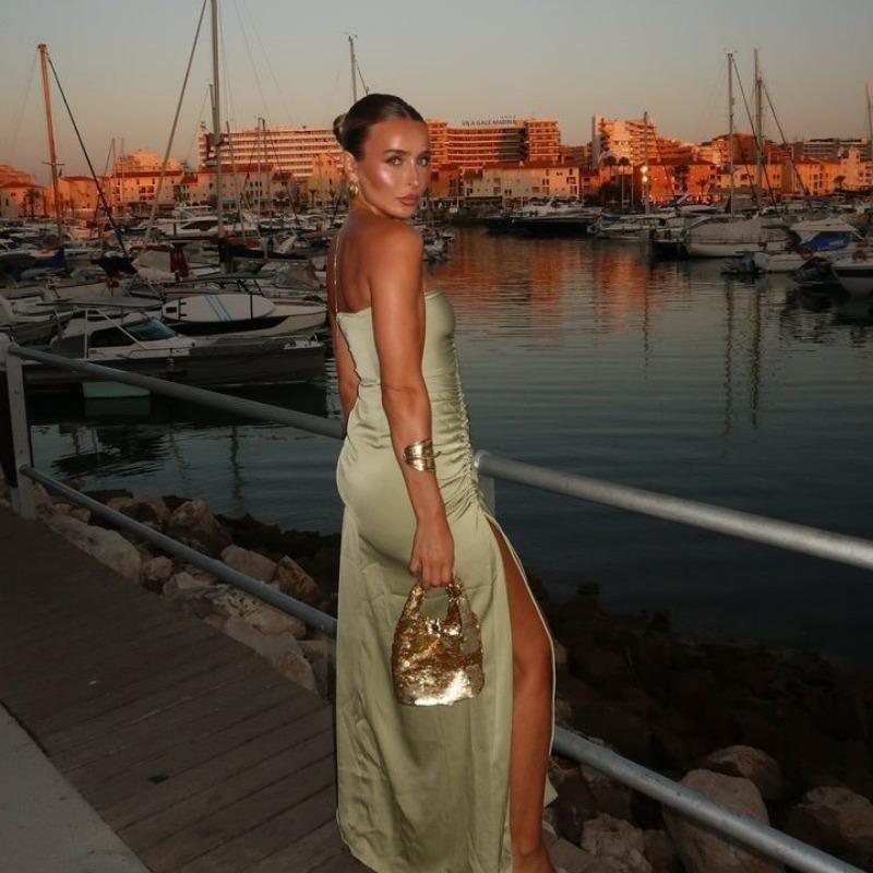 Street Style Solid Color Pleated Casual Open Fork Sexy Breast Royal Sister Style All-in-one Long Dress