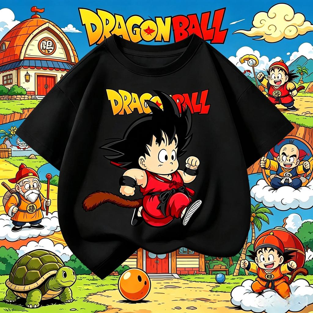 Dragon Ball Kid Goku Monkey Tail Graphic Cotton T-Shirt, Boys Girls Harajuku Streetwear Anime Children Short Sleeve Tee
