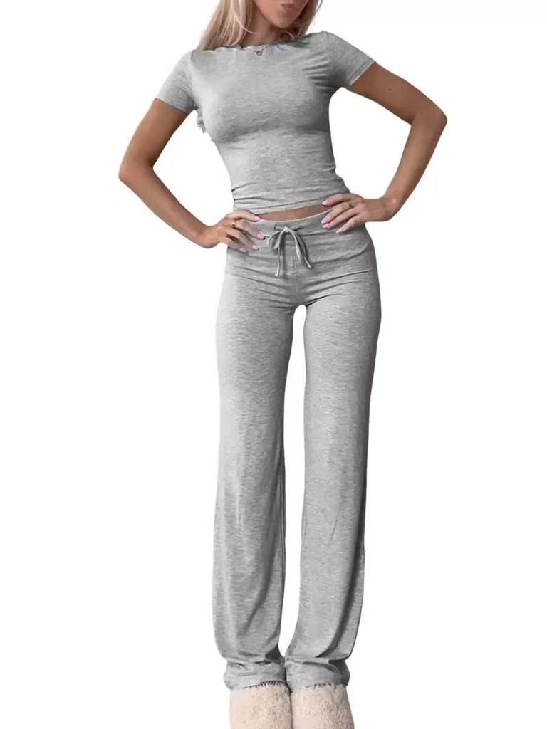 Spring 2026 Women's Solid Color Casual Two-Piece Set - Short Sleeve Top & Long Pants