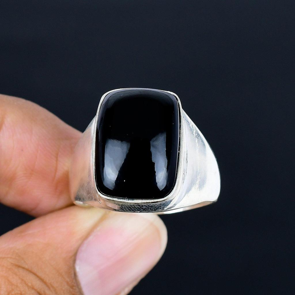 Natural Black Onyx Ring for Men 925 Sterling Silver Rectangle Gemstone Ring Handmade Turkish Style Signet Jewelry