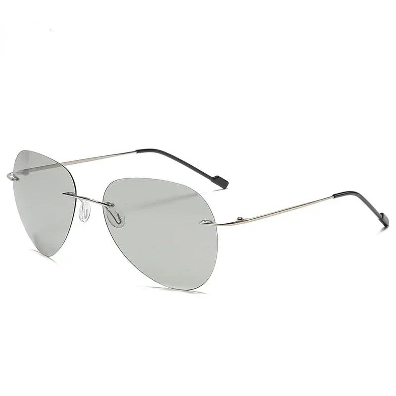 Men Ultralight Titanium Photochromic Lens Sunglasses Rimless Aviation Style Design Night Vision Glasses