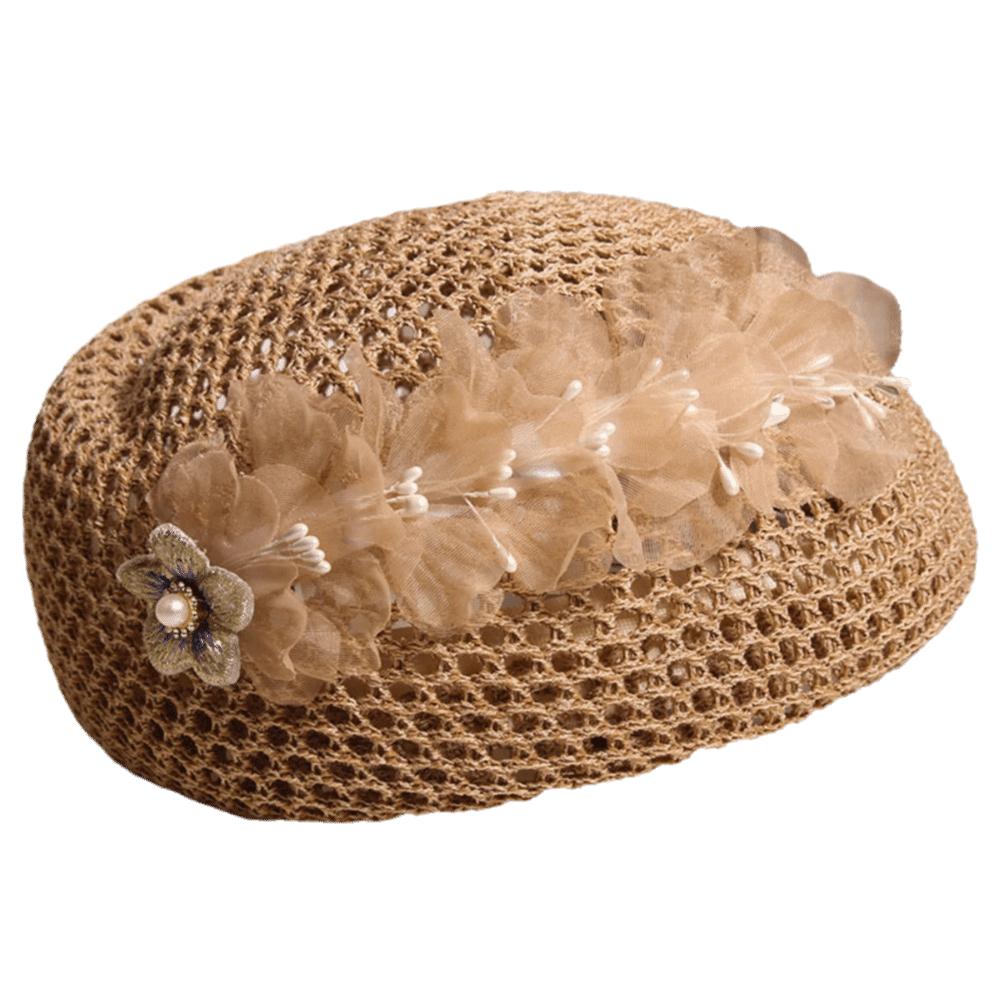 French Hollow Out Beret Korean Women Knit Fabric Cap Elegant Floral Painter hat  Summer Floral Tail Khaki