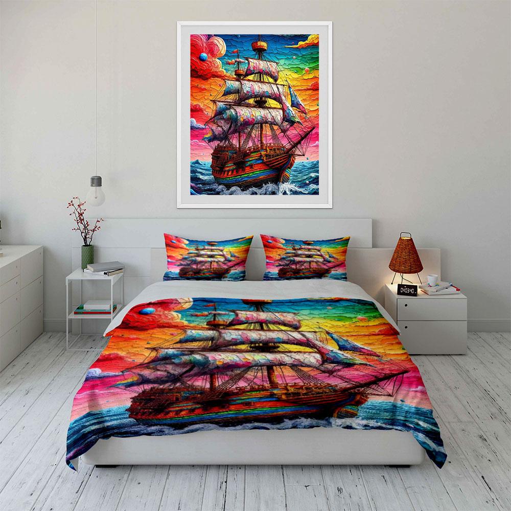 Colorful Ship Art Decor Set Bedding Set with 1 Duvet Cover 2 Pillowcases Single Double King Queen, Gift