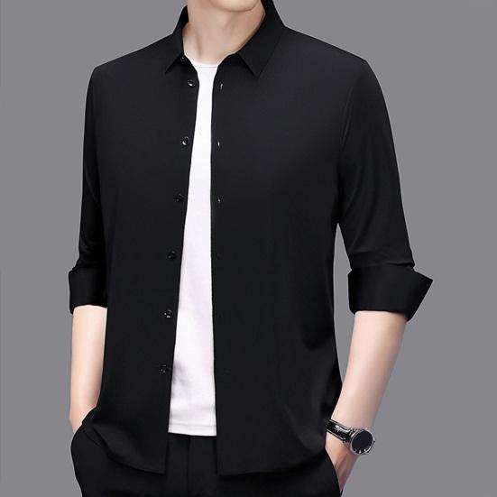 Men Shirt Lapel Long Breasted Shirt Color Elastic Fabric Tops Pure Sleeve Single Lightweight Breathable Shirt