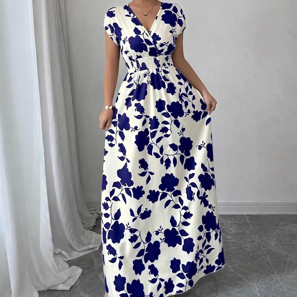 Rose Print V-neck Short-sleeved Slim Dress - Elegant Summer Women's Clothing 2026