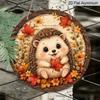 2D Flat, 1pc Round Aluminum Hanging Sign, Autumn Cute Hedgehog Maple Floral Forest Craft Plaque, Easy Hang Indoor Outdoor Decor, Warm Thanksgiving