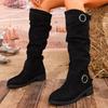 Women's Belt-buckle Long Boots Fashion Round Toe Knee-length Thick Heels Slimming Sexy Elegant Long Boots for Women