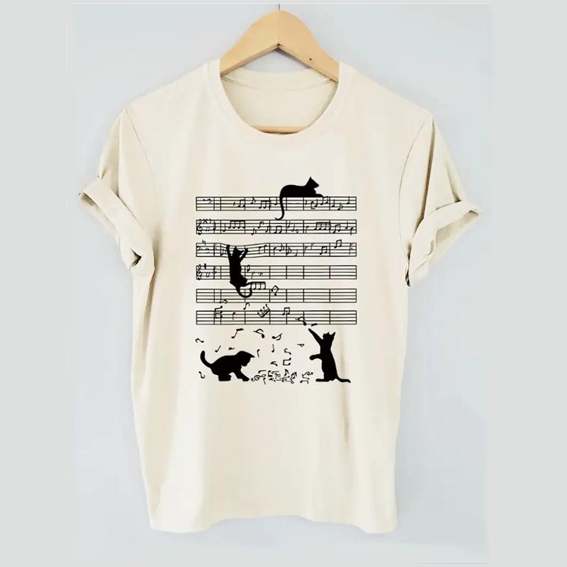 

Модная женская футболка с простым принтом «Линия нотации для кошек», забавная повседневная футболка с короткими рукавами и круглым вырезом, летняя женская футболка 8XL бежевый