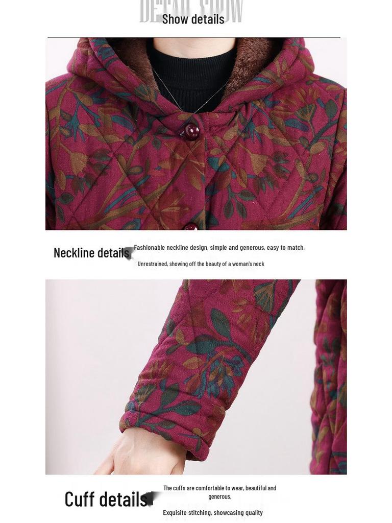 Stylish and Warm Mid-Length Floral Cotton Jacket for Middle-Aged Women, Plus Velvet, Thickened for Winter