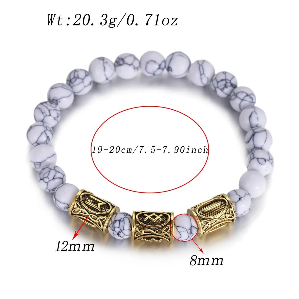 Classic Gold Vikings Runes Bracelet 8Mm Lava Stone Handmade Elastic Jewelry for Women Men