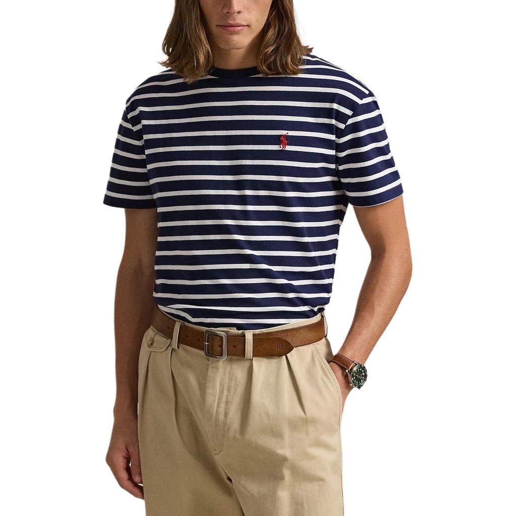T-shirt da uomo a maniche corte con scollo rotondo a righe e logo Polo Ralph Lauren ricamato Top Blu 710934662-012