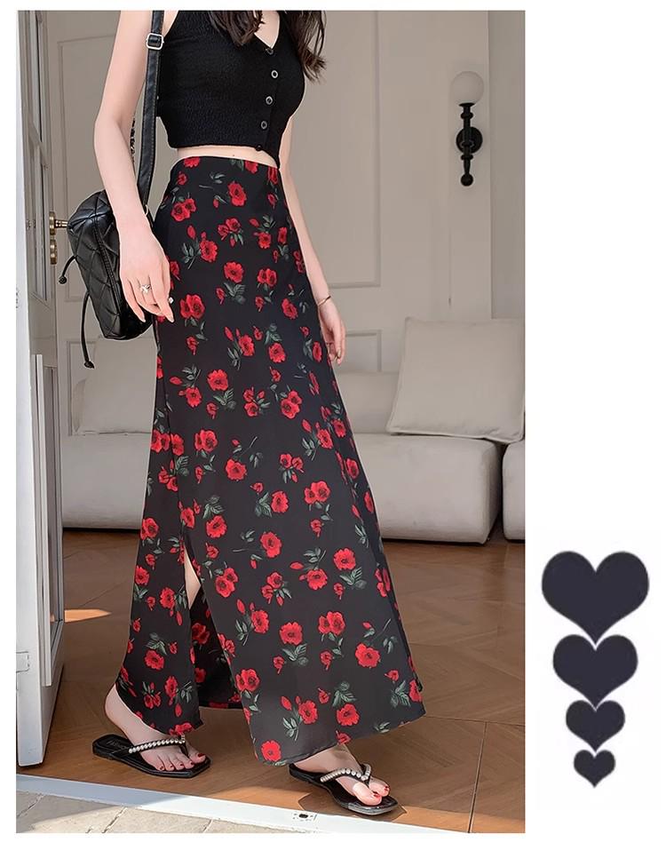 Retro Rose Print High-Waisted Side Slit A-Line Skirt - Women's Spring/Summer 2025 Collection