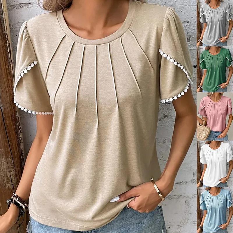 Tops Women Round Neck Pleated Short-sleeved Lace Casual T-shirt Women's Spring Summer Office Commuting Solid Color Versatile Top