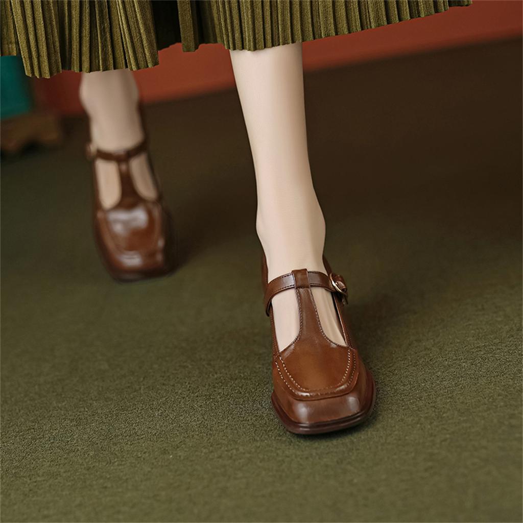 Spring Retro Temperament Square Toe Thick Heel Shallow Mouth Women's Single Shoes