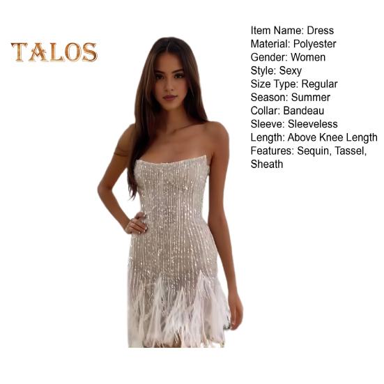 Women Evening Dress Sequin Fluffy Fur Decor Sleeveless Off Shoulder Skinny Sheath Backless Prom Banquet Mini Dress Wedding Bride Dress