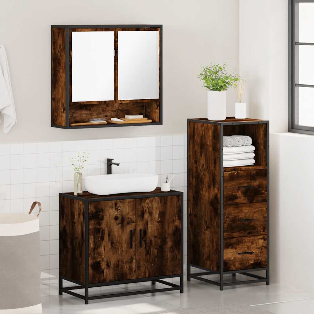 3 Piece Bathroom Furniture Set Smoked Oak Wood Based Material