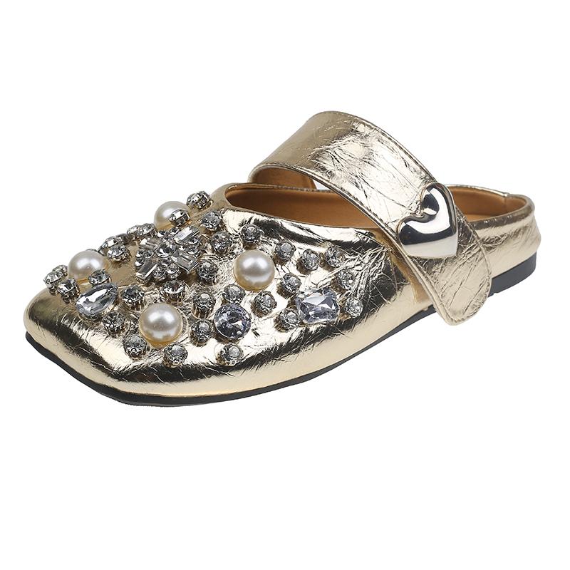 Fashion Women's Baotou Slippers Spring New Square Head Shallow Mouth Metal Word with Soft Sole Anti-slip Wear-resistant Flat Shoes