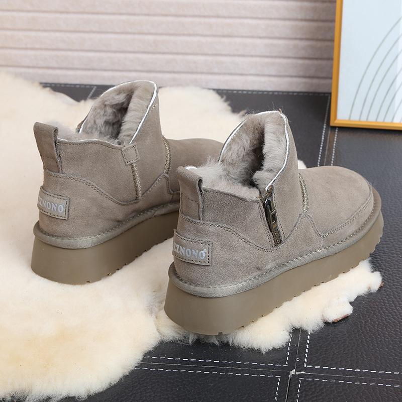 

Side zipper snow boots women s fur integrated thick-soled piled thickened warm snow cotton shoes leather wool versatile tide 35