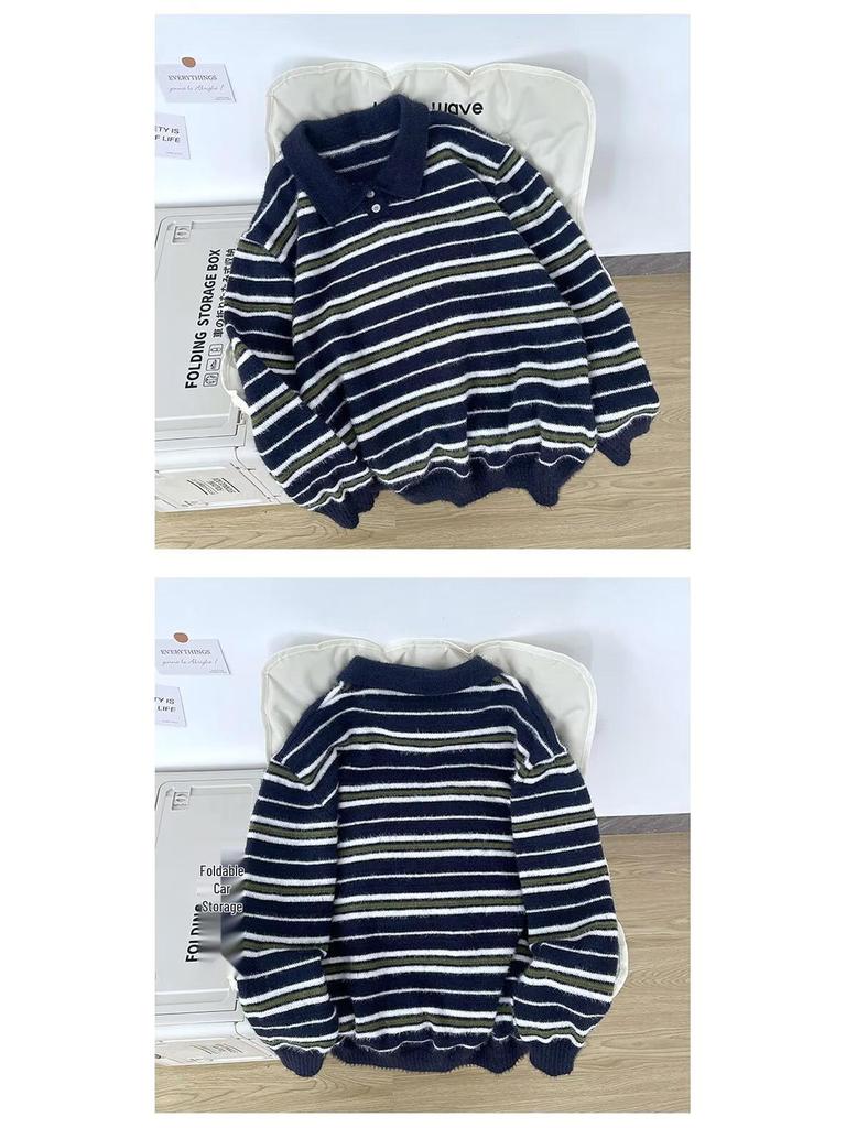 Men's Autumn/Winter High-End Retro Polo Collar Striped Mink Fur Sweater