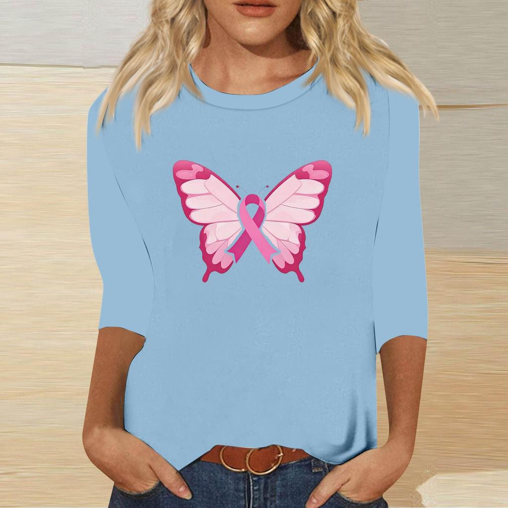 Women's Breast Casual Top with 3/4 Sleeves Round Neck Loose Fit Printed Ribbon Heart Butterfly Pattern for Daily Wear