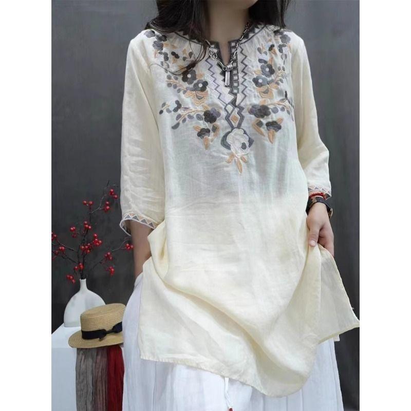 Summer Heavy Industry Women's Vintage Embroidered Medium-length Loose Cotton and Linen Stylish Casual Pullover Top