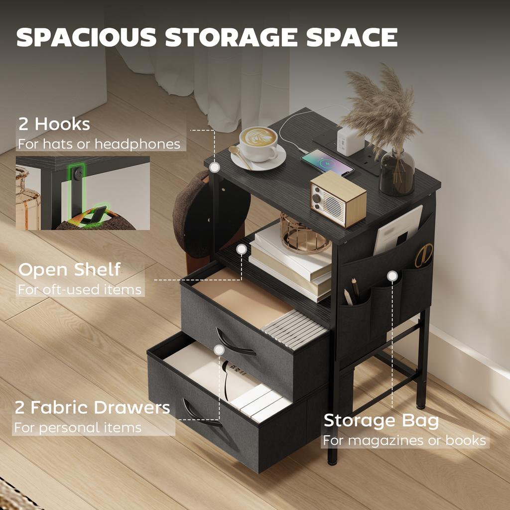 Bedside Table with Charging Station - Black