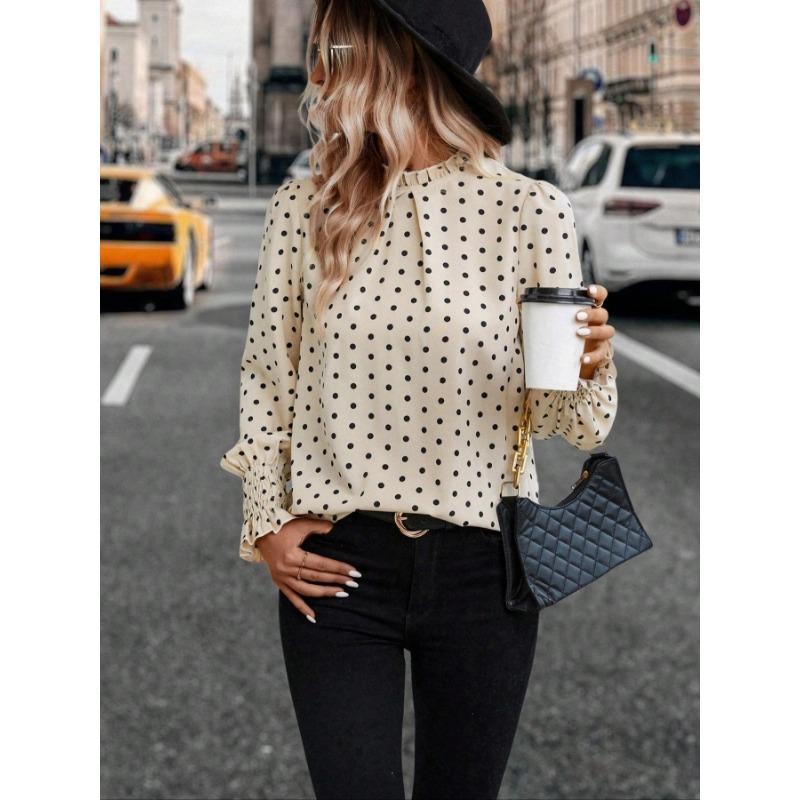 

Весна Осень Модный Горошек Принт Женская Блузка Новая Длинный Рукав Офисная Свободная Рубашка Повседневный Простой Стоячий Воротник Плиссированные Топы Женская Одежда 3572 XL