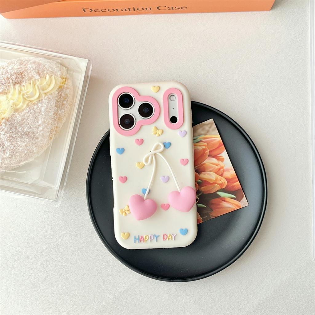 For iPhone 17 Pro Silicone Case Cute Heart Shape Pendant Shockproof Phone Back Cover