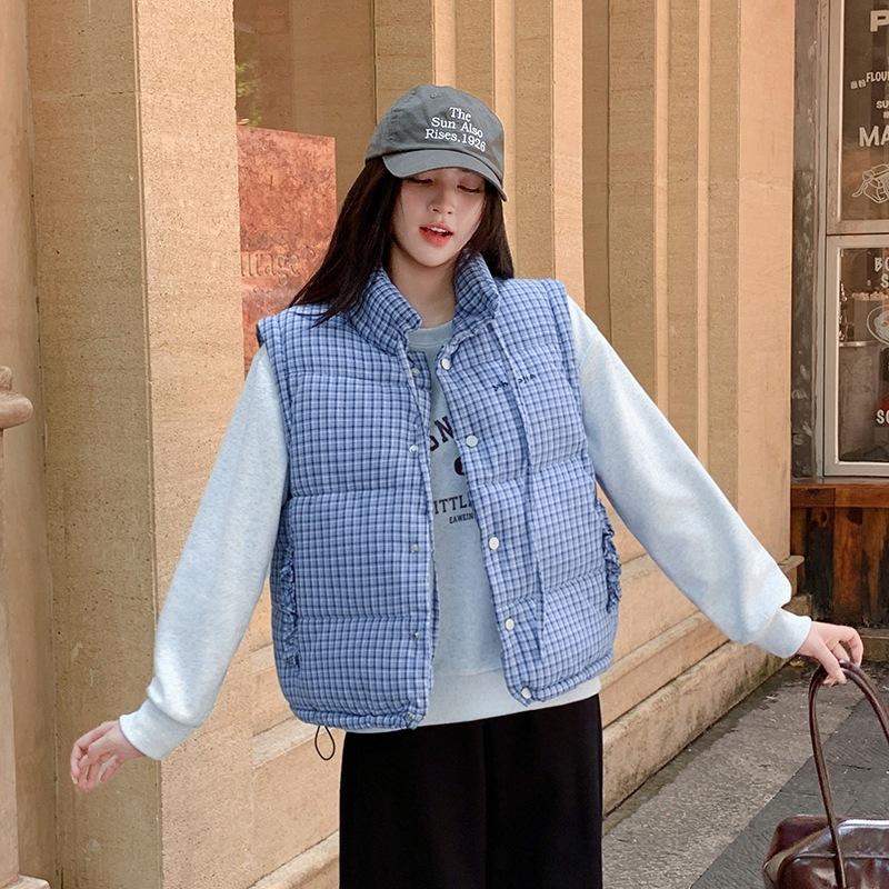 Winter loose stand-up collar blue plaid zipper clip cotton thickened sleeveless cotton jacket vest jacket