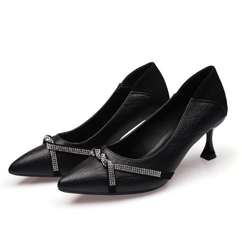 sapatos femininas women fashion black soft leather spring slip on crystal stiletto heel shoes & pumps zapatos de mujer ga689