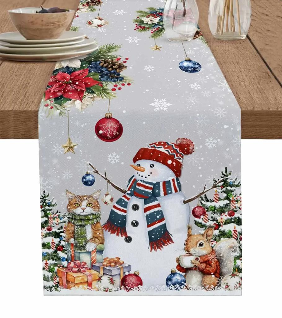 Natale Abete Argentato Foglie Fiocchi di Neve Grana Legno Lino Runner da Tavola Decorazione Cucina Runner da Tavola Forniture per Feste