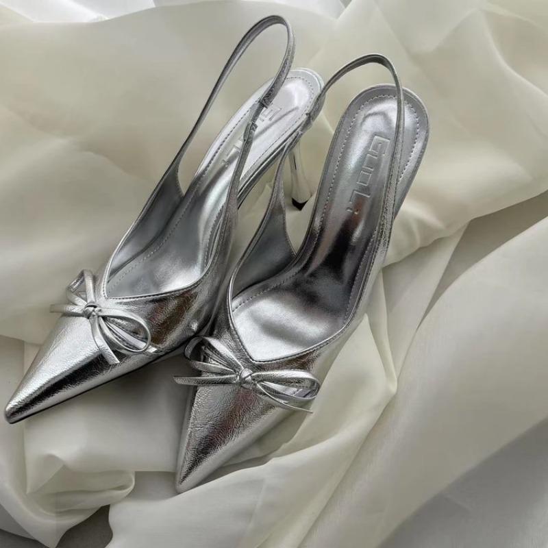 Fashion New Pointed Toe Women Slingback Shoes Fashion Butterfly-knot Shallow Slip On Ladies Mules Shoe Thin High Slides Luxury Sandalias