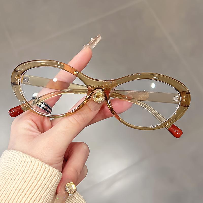 Minimalist Oval Cat Eye Fashion Glasses for Women - Semi Rimless PC Frame with Metal Hinges, Decorative TAC Lenses