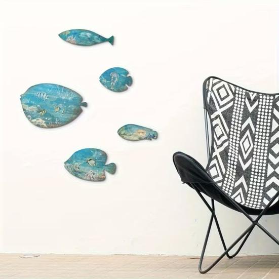 5 Pcs Wood Fish Nautical Wall Decor Rustic Blue Fish Wooden Wall Art Coastal Beach Hanging Sculpture for Home Lake House Bathroom Decor